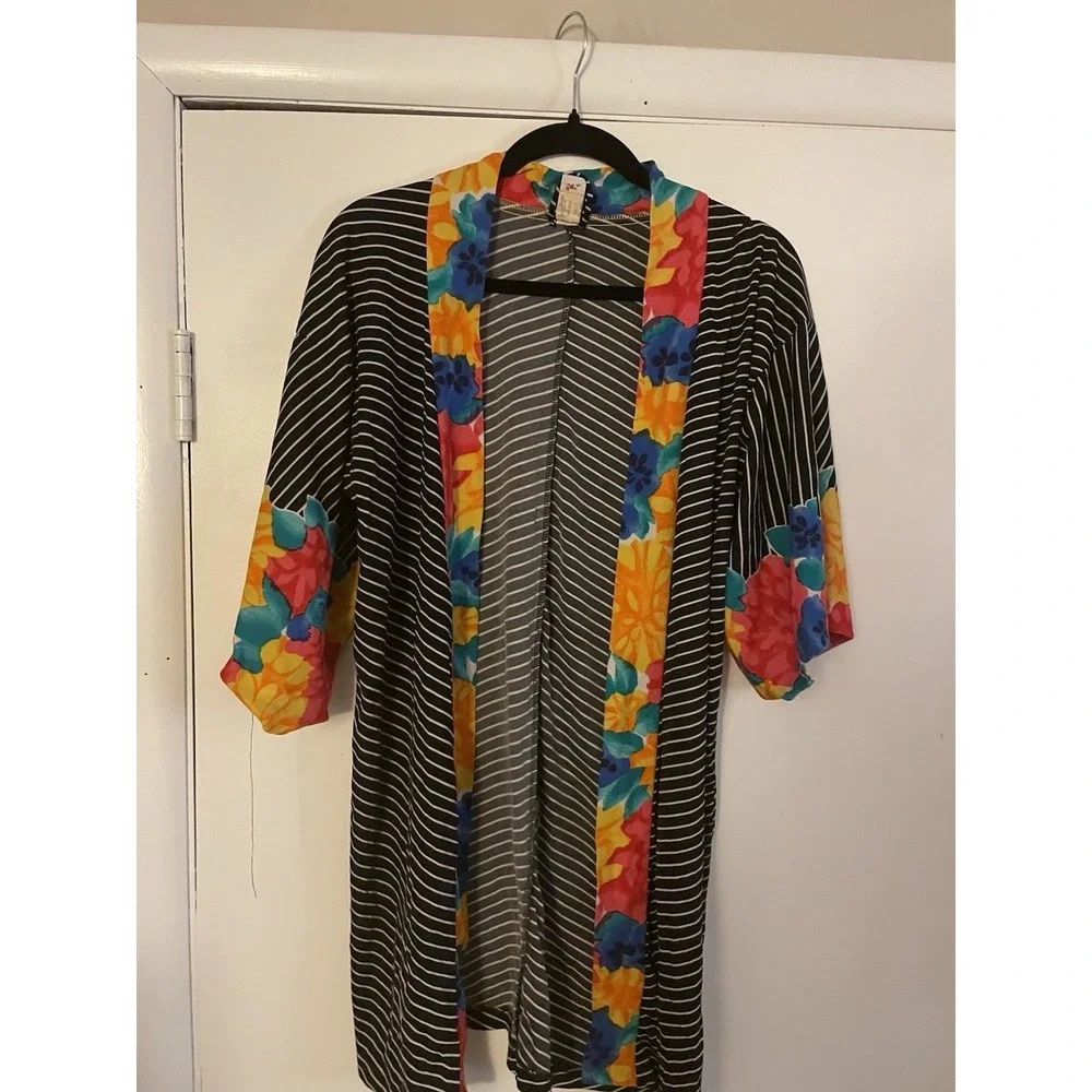 Vintage Striped Tropical Trim Swim Cover‎ Up Robe duster Small